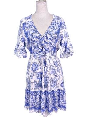 Label of Love Blue White Floral Mini Dress Boho V-Neck Flutter Sleeve Size Small